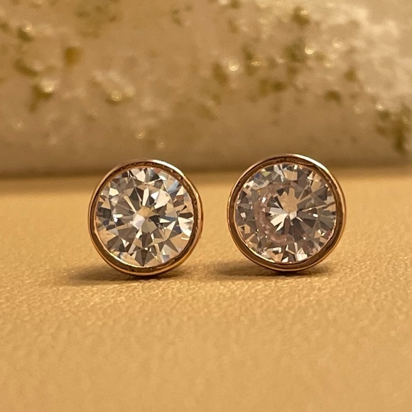 Diamond Stud Earrings, Sterling Silver with 14k Rose Gold, Bezel Stud Earrings - Picture 10 of 11